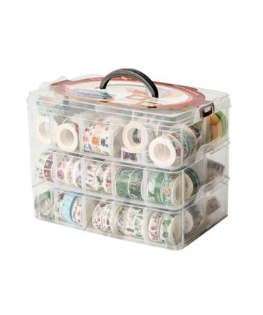 HomDSim Washi Tape Box Organizer Storage Divider Closet Container with 30 Adjustable Compartments Clear Masking Tape Desktop Tape DIY Sticker Roll Tape Cutter Holder Storage Finger Safty Dispenser Transparent