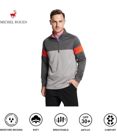 Men's Slim Fit Quarter Zip Golf Pullover - Performance Wicking Raglan Long Sleeve Sweatshirt | Dark Grey/Light Grey/Orange - Large - Buy Online on SooperMarket.com