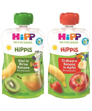 Hipp Hippis squeezing bag kiwi in pear banana 6 x 100 g bags & hippis squeezing bags strawberry banana in apple 100% organic fruits without added sugar 6 x 100 g bags