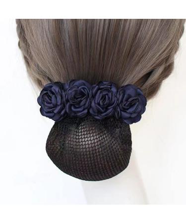 Rose Spring Clip Bun Cover Lace Hair Net Hair Bun Bow Crochet Snood Hair Net Hair Accessories for Women(fine net Navy Blue) fine net Navy Blue