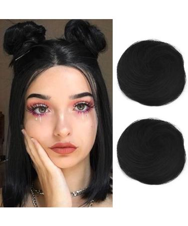 REECHO Space Bun Hair Pieces 2 PCS Mini Claw Clip in Messy & Cat Ears Fake Hair Bun Extensions Wig Accessory Updo Hairpieces for Women Girls (Pack of 2-3" Straight Natural Black) Pack of 2 - 3" Straight Natural Black