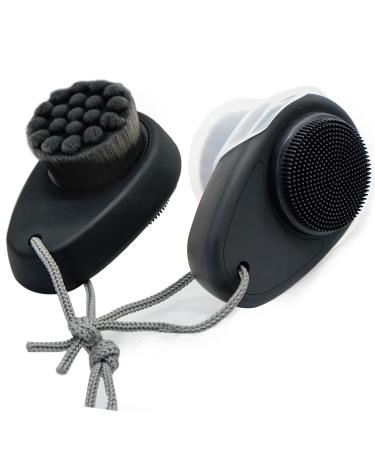 2 Pack Facial Cleansing Brushes - Double-Sided Face Scrubber for Deep Pore Cleansing and Exfoliation Silicone & Soft Bristle Sides (Black & Black)