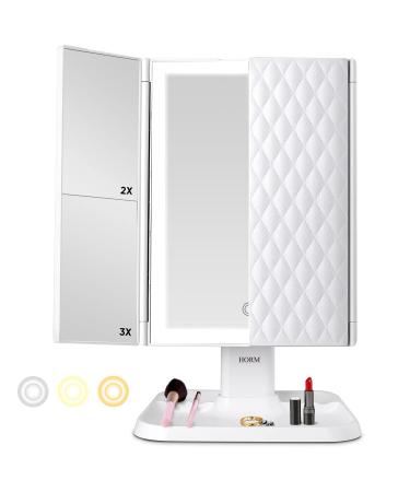 Makeup Mirror Vanity Mirror with Lights - 3 Color Lighting Modes 72 LED Trifold Mirror, 1x/2x/3x Magnification, Touch Control Design, Portable High Definition Cosmetic Lighted Up Mirror White