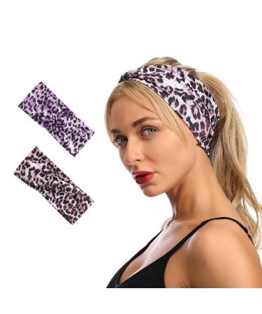 Wiwpar Boho Headbands Criss Cross Hair Bands Elastic Leopard Twist Head Wraps Yoga Outdoor Headpiece for Women Girls Pack of 2 (Style 3)