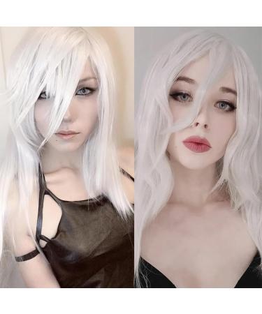 YEESHEDO 28 Long Wavy Curly White Wig with Fringe | Heat Resistant Synthetic Hair for Women - Perfect for Halloween, Cosplay, Anime & Snow White Costumes - Buy Online on SooperMarket.com