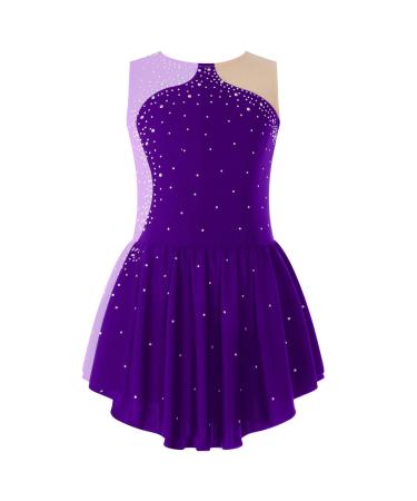 FEESHOW Kids Girls Long Sleeve Figure Ice Skating Dress Ballerina Shiny Diamond Ballet Dance Leotards Costume Lavender_a 12 Years