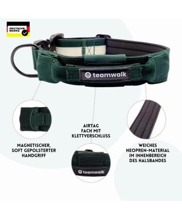 Teamwalk Premium Dog Collar - Adjustable Soft with Magnetic Handle & Light Strip | AirTag Bag Included | Robust Buckle | Forest Green | Size M (4cm) - Buy Online on SooperMarket.com