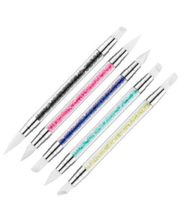 5 Pieces Sparkle Nail Art Sculpture Pen Dual Tipped Silicone Rhinestone Nail Polish Carving Pen Nail Art Gel Carving Pen Nail Silicone Brushes Set for Shaping Drawing Dotting Tools(Random Color)