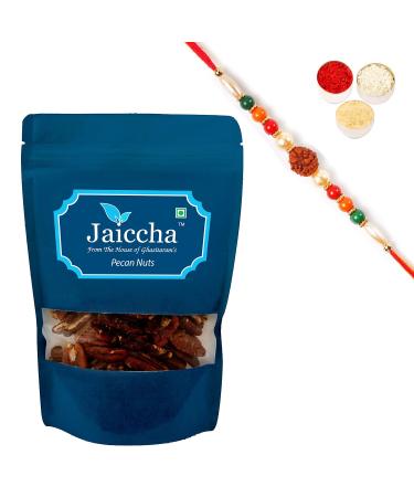 Jaiccha Ghasitaram Rakhi Gifts for Brothers Rakhi Dryfruits - Pecan Nuts 200 GMS in White Paper Pouch with Rudraksh Rakhi