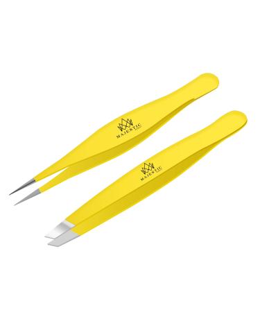 Fine Point + Slant Tweezers for Women and Men – Splinter, Ticks, Facial, Chin Hair, Brow and Ingrown Hair Removal Set – Sharp, Needle Nose, Stainless Steel, Surgical Precision Pluckers Majestic Bombay Yellow