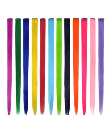 12 pieces colored hair extensions clips 22 inch colored clip synthetic hair parts for women girls cosplay fashion party (colorful set straight) colorful set straight