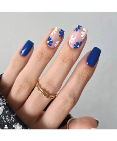 JUSTOTRY 24 Pcs Floral Short False Nails Square Navy Blue French Press on Nails Pattern Pretty Daisy Fake Nails Short with Nail Glue Stick on Nails for Women Squoval Nails Fake Nail for Nails Art flower&navy1