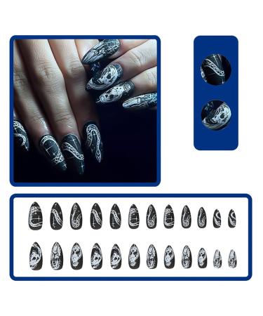 24Pcs Halloween Almond Press on Nails - Black Acrylic False Nails with Grimace & Snake Designs | Long Full Cover Stick on Nails for Women - Buy Online on SooperMarket.com