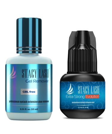 Extra Strong Evolution Eyelash Extension Glue + Gel Remover - Stacy Lash / 1-2 sec Drying time/Retention  8 Weeks/Maximum Bonding Power/Professional Use Only Black Adhesive/Gel Remover/ 15 ml