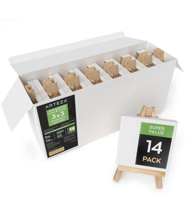 Arteza Mini Paint Canvases for Painting with Easels Pack of 14 3 x 3 Inches 100% Cotton 8 oz Primed Stretched Canvas Bulk Pine Wood Easels Art Supplies for Adults and Teens Acrylic Pouring