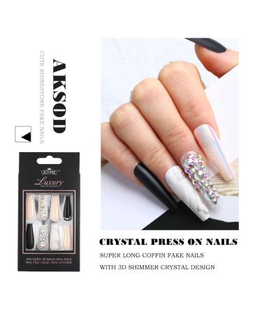 Aksod Glossy Ombre Extra Long Marble Press on Nails - Black Crystal 3D Bling Square Coffin Fake Nails - Full Coverage Acrylic Ballerina False Nails - Perfect for Parties - Women and Girls (Black Crystal) - Buy Online on SooperMarket.com