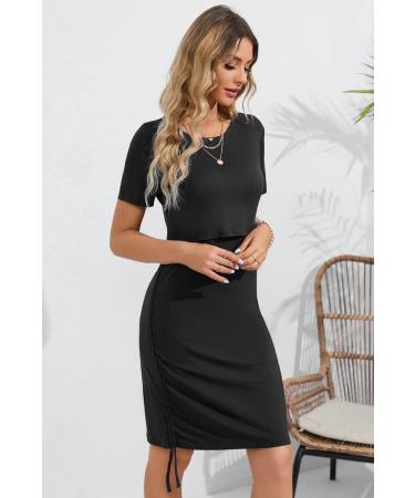 Sosolism 4 in 1 Maternity Nursing Dress - Short Sleeve Side Drawstring, XXL Black - Buy Online on SooperMarket.com