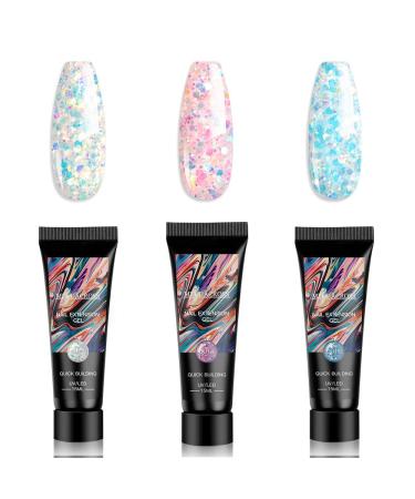 MEET ACROSS Glitter Poly Nail Extension Gel Kit - Nail Extension Gel 3 Colors Builder for Nails Art Salon at Home, Quick Building Nail Extensions Gel 3PC (Silver Pink Blue)