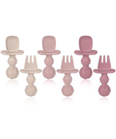 Baby Fork and Spoon Set 6 Pcs Silicone Toddler First Self-Feeding Cutlery Easy Grip Toddler Utensils for Baby Led Weaning 6 Months+ (Beige&Pink&Red)