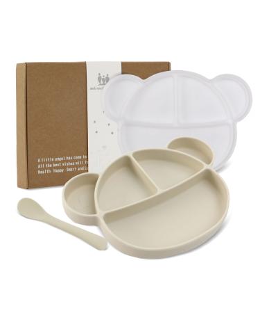 Silicone Baby Suction Plate Toddler Self Feeding Plates Children's Plate with Lid and Spoon Kid Divided Weaning Plate Dinnerware Set with Gift Box BPA Free & Dishwasher Safe (White)