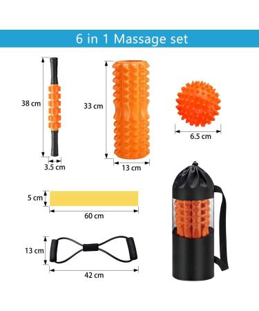 QveeTry 6-in-1 Foam Roller Set - Fascia Roll Massage Roller Rod & Fitness Straps for Yoga & Pilates - 33cm Orange | International Shipping - Buy Online on SooperMarket.com