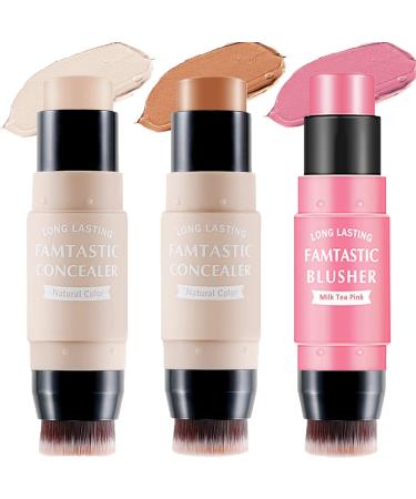3 Pcs Contour Highlighter Blush Sticks with Brush  Shades with Highlighter & Bronzer Pen & Cream Blush  Waterproof  Longwear Makeup