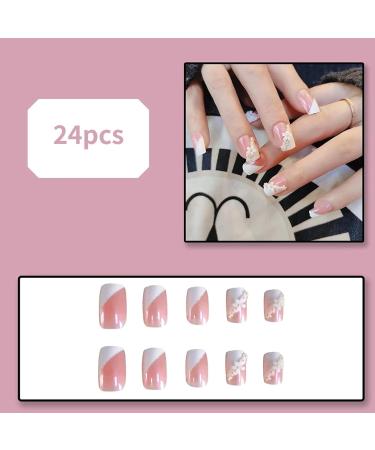 Splicing Flower French Press on Nails with Sequins Charms - Fake Nails for Women | Full Cover Coffin Spring Summer - Buy Online on SooperMarket.com