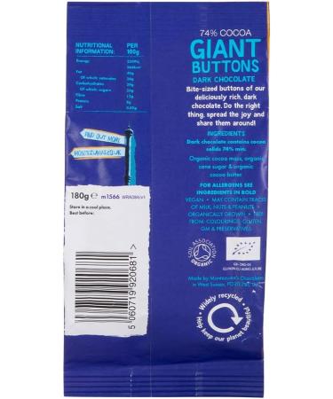 Montezuma's 74% Cocoa Giant Dark Chocolate Buttons Gluten Free & Organic 180g Bag (Pack of 2) - Buy Online on SooperMarket.com