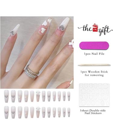 White French Tip Press On Nails with Pearl Heart Design - 24Pcs Acrylic Nude Nail Press On for Women and Girls - Buy Online on SooperMarket.com