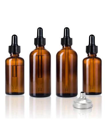 LXLOVESM 4 Pcs 1oz+2oz Amber Glass Dropper Bottle Tincture Bottles with Eye Droppers Leakproof Essential Oils Bottles with 1 Stainless Steel Funnels 4 Pcs Set