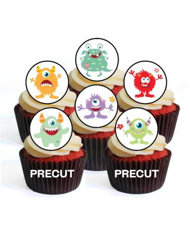 PRECUT Monsters Edible Cupcake Toppers - Cute Monsters Theme Premium Thickness SWEETENED VANILLA - wafer card disc cake decorations (Pack of 24)