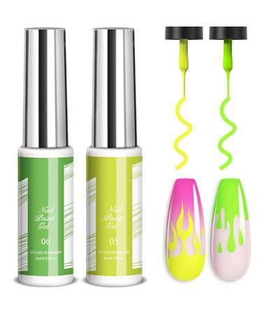 Neon Gel Polish Liner Gel Nail Polish 2 Colors Neon Set Yellow Green Liner Gel Art Soak Off Shimmer Nail Polishes For Drawing Lines Color Painting UV Liner Gel For Women Festival (B)