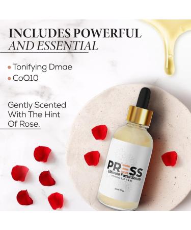 Ultimate Facial Serum for Glowing Skin | PRESS SKINCARE | Anti-Aging Hydrating | Vitamins A C B3 B5 E | Reduces Wrinkles Dark Spots & Fine Lines | 2OZ - Buy Online on SooperMarket.com