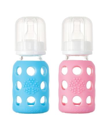 Lifefactory Glass Baby Bottle with Silicone Sleeve 4 Ounce  Set of 2 - Sky Blue/Pink