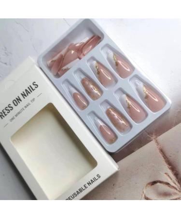 French Tip Press on Nails - Long Gold Foil Square Shape Reusable Gel Nails - 24 Pcs Glossy Nude Stick-On Nails for Women & Girls - Buy Online on SooperMarket.com