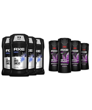 AXE Antiperspirant Deodorant Phoenix 4PK 48H Sweat & Odor Protection Crushed Mint & Rosemary + AXE Body Wash Excite 4PK 12H Refreshing Scent Crisp Coconut & Black Pepper