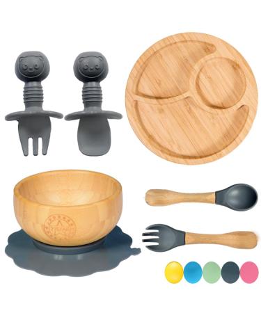 77 Star Bamboo Baby Weaning Set Baby Suction Bowl Suction Plate Baby Spoon & Fork Strong Detachable Suction Base Baby Feeding Set Non-Slip Bamboo Bowl & Baby Plates with Suction (Grey)