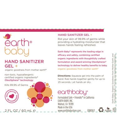Earth Baby Hand Sanitizer Gel 62% Organic Ethyl Alcohol | Moisturizing Oleospheres | FDA Regulated | Natural Hypoallergenic | Kills 99.9% Germs | 2 Fl Oz - Buy Online on SooperMarket.com
