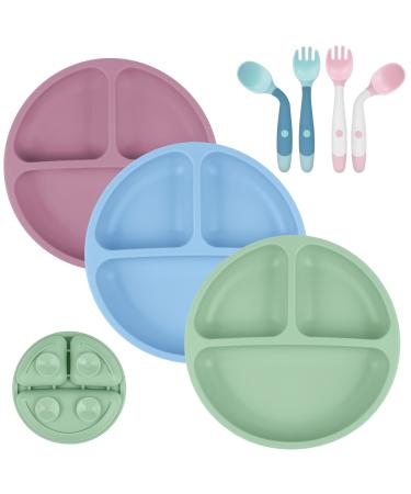 Vicloon Baby Suction Plate 3Pcs Silicone Baby Suction Plates Non Slip Silicone Baby Weaning Plate Divided Dishes for Toddler Kids Self Feeding Fits for Most Highchairs Trays(Green/Pink/Blue) Green/Pink/Grey Blue