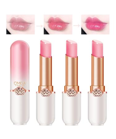 Domality Pink Magic Color Change Lipstift Set with peach course package 3PCs long-lasting nutrient lip balm automatically change color after temperature and pH value