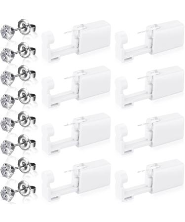 8 Pieces Self Ear Piercing Tool Disposable Ear Piercing Kit Safety Portable Ear Nose Mouse Piercing Tools with Crystal Ear Studs (White)