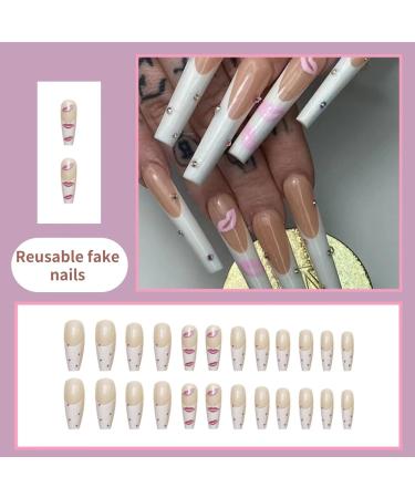 Runrayay Long Artificial Nails - Press-On Acrylic Tips in White Pink & Nude | Ballet-French Style with Nail Stones for Women & Girls - Buy Online on SooperMarket.com