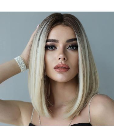 Porsmeer wig blonde and brown long smooth ombre wigs for women dark root middle part of course like real hair party/costume wig ladies 36cm 14inch