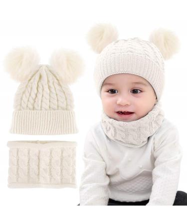 CheChury Toddler Hat and Scarf Set Baby Warm Knit Pom Beanie Cap with Circle Loop Scarf Neckwarmer 1-3 Years #2 White