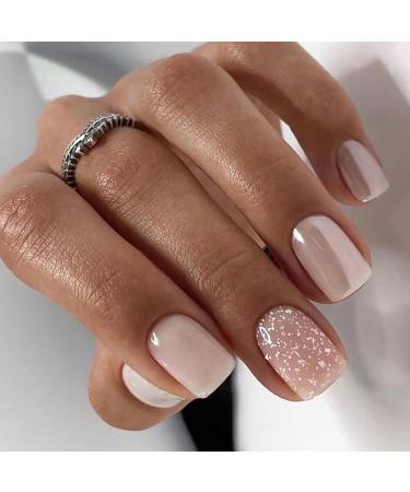 24Pcs Nude Pink Press on Nails Short Square Fake Nails White Glitter Glossy Designs Nail Art Supplies Full Cover Artificial Coffin False Nails Glue on Nails for Women Acrylic Manicure Decorations