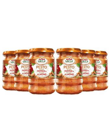 Sacla Italian Pesto Sauce Red Pepper and Almond - Perfect with Pasta Roasted Veg Chicken and Stuffed Peppers - Made with Basil Leaves Sweet Red Peppers Almonds and Cheese 190g (Pack of 6)