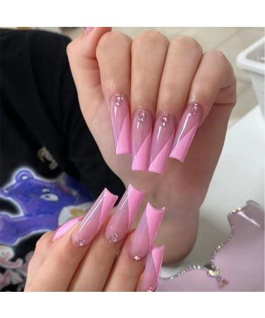 Rhinestone False Nails 24PCS Extra Long Pink Ballerina False Nails Full Cover Artificila Nails Tips for Women and Teen Girls