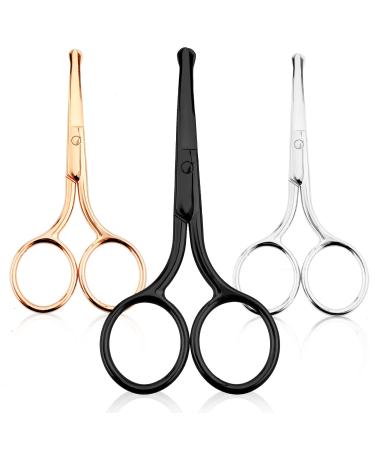 WLLHYF 3 Packs Nose Hair Scissors Rounded Tip Eyebrow Mustache Ear Hair Grooming Trimming Stainless Steel Professional Small Beard Nail Cuticle Eyelashes Beauty Scissors for Men Women Black/Silver/Rosegold