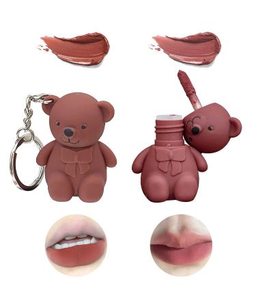 2 in 1 Key Chain Bear Lipstick Mist Matte Velvet Lipstick Waterproof Long Lasting Lip Gloss Cute Bear Beauty Makeup (03+04)
