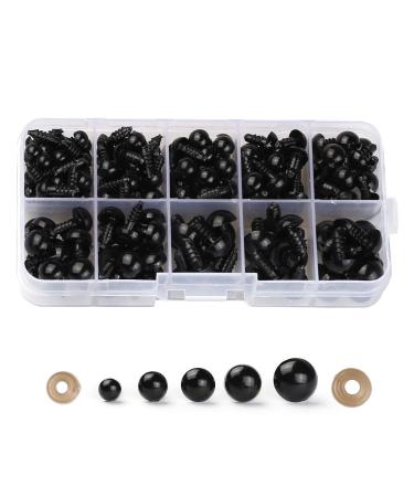 100PCS 6mm-12mm Solid Black Eyes with Washers  Sewing for DIY of Puppet  Plush Animal Making and Teddy Bear 6mm-12mm  100 PCS